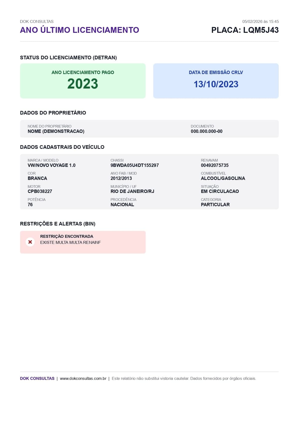 Exemplo de Consulta de Ano do Último Licenciamento Zé Consultas