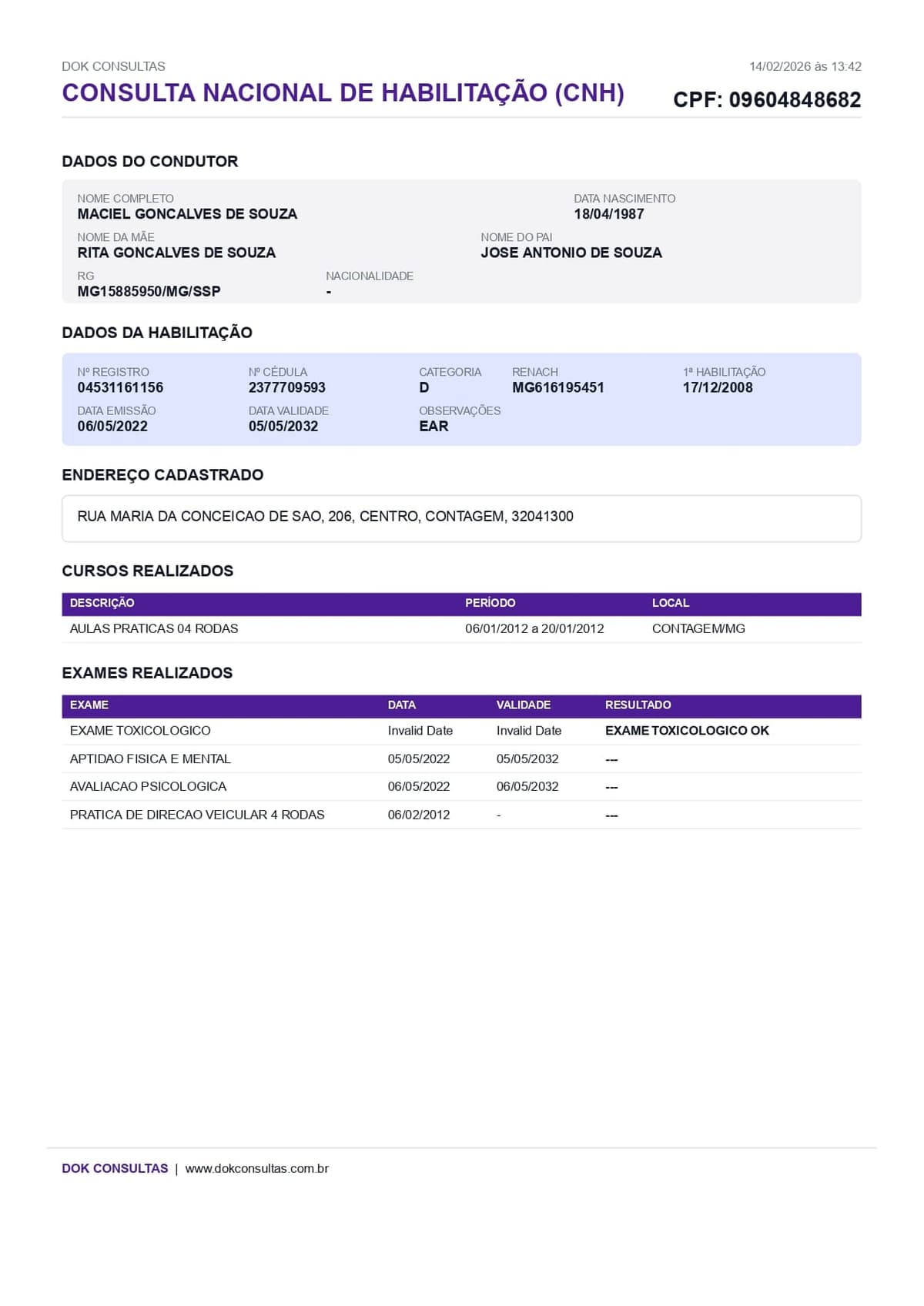 Exemplo de relatório de Consulta de CNH por CPF Zé Consultas