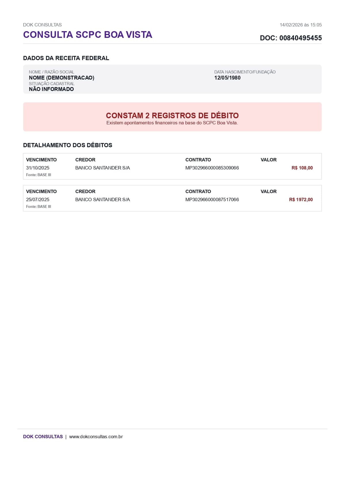 Exemplo de Relatório de Consulta SCPC Boa Vista Zé Consultas