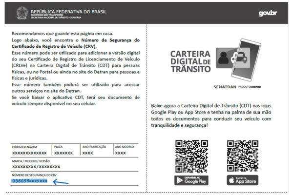 Exemplo visual de Código de Segurança do CRV no documento
