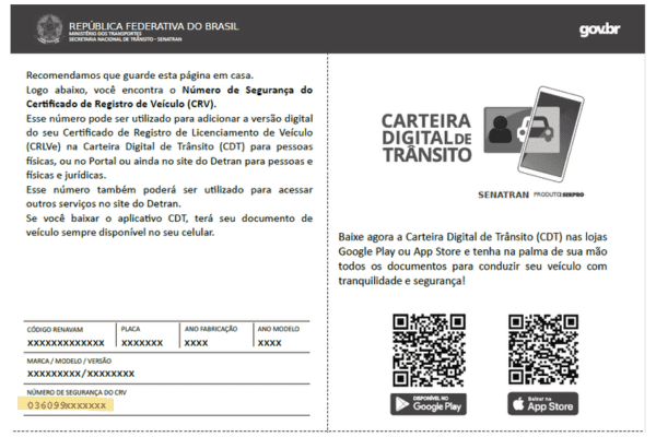 Exemplo de CRV Digital com o número de segurança do CRV
