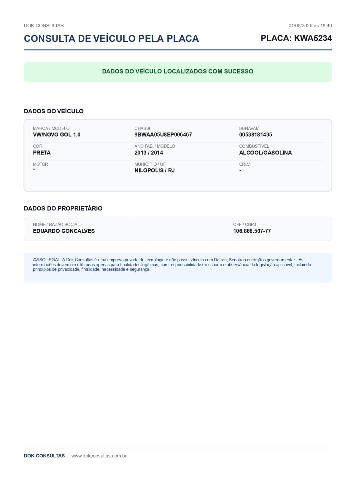 Exemplo de consulta pela placa de veículo na Zé Consultas
