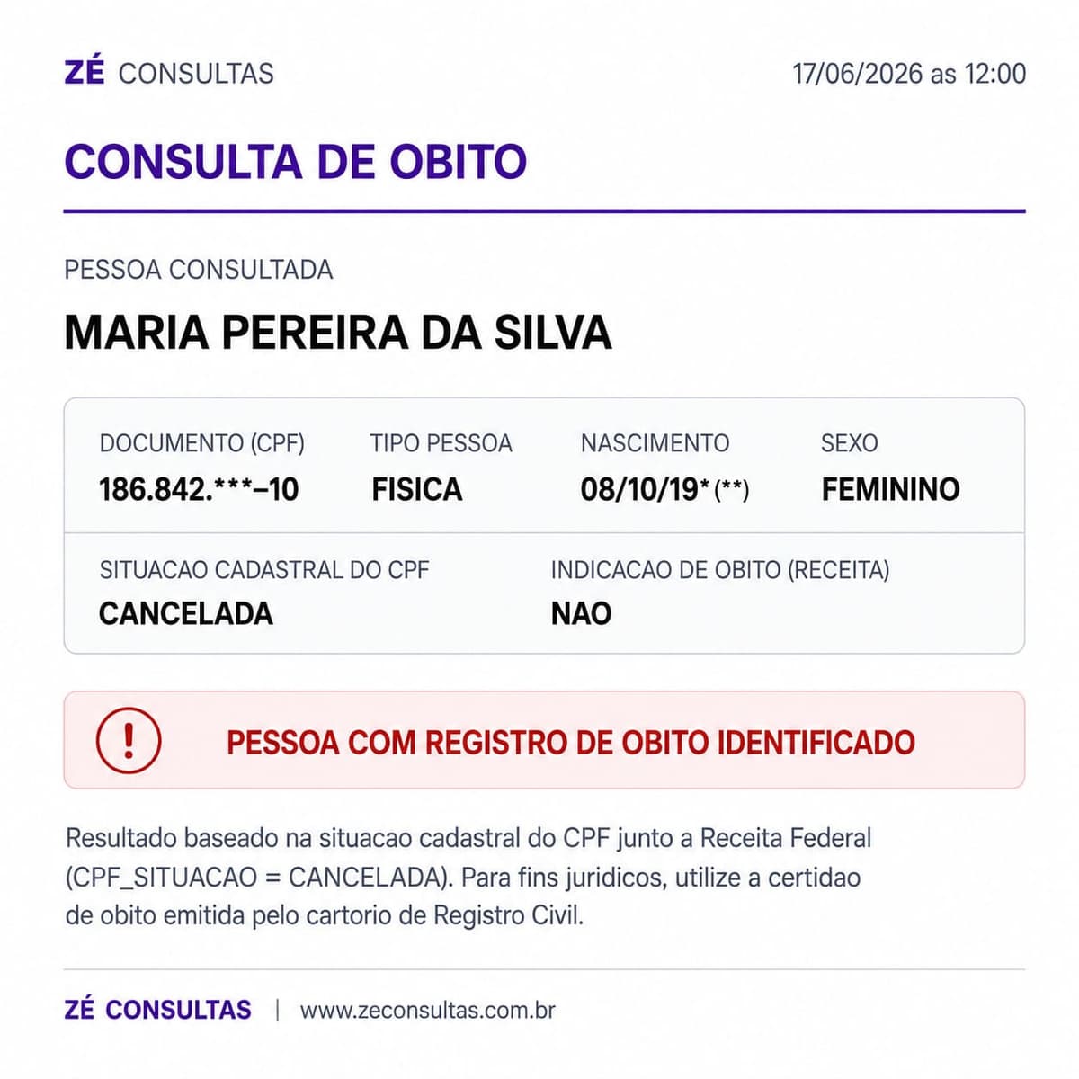 Pesquisar falecidos pelo nome - exemplo de relatorio Zé Consultas