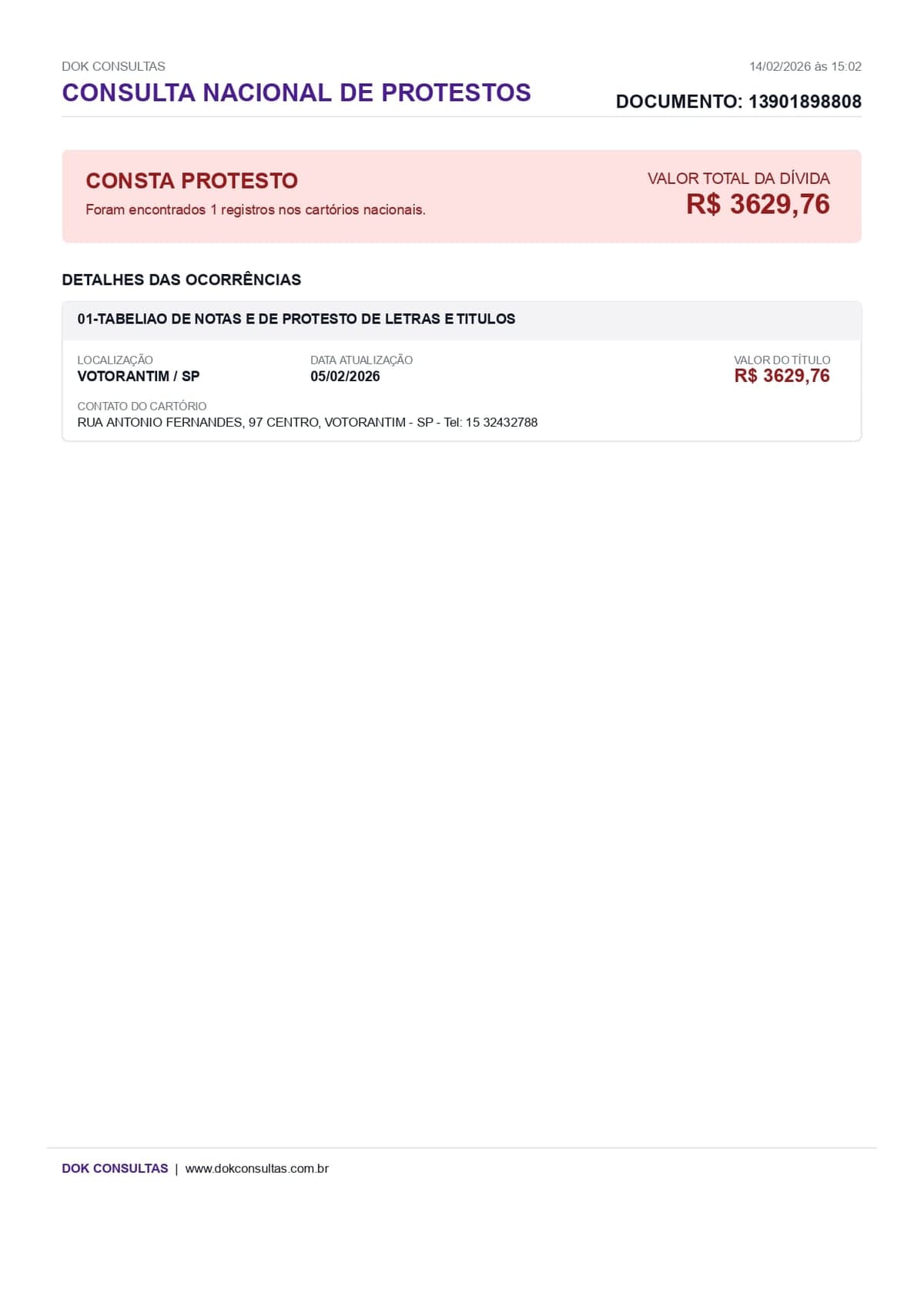 Exemplo de relatório de Consulta Nacional de Protestos Zé Consultas
