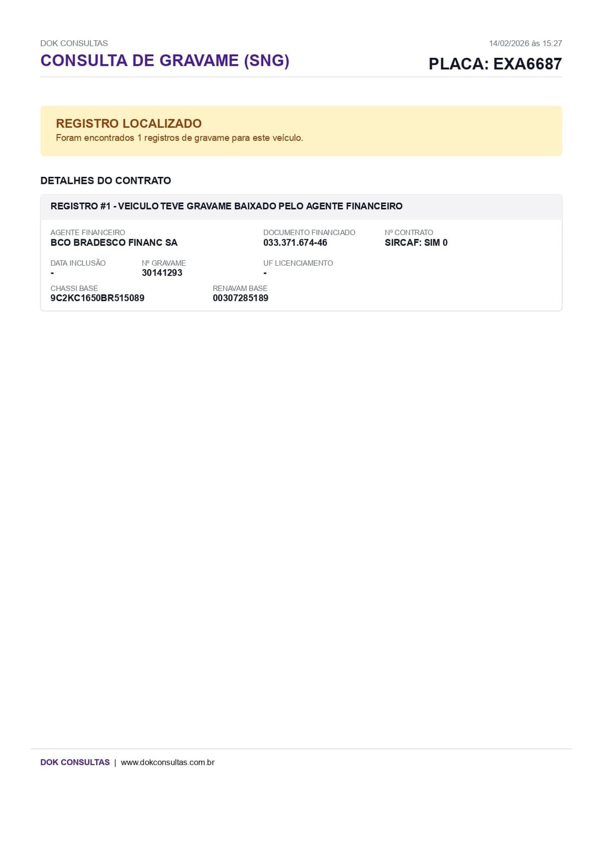 Exemplo de consulta de gravame Zé Consultas
