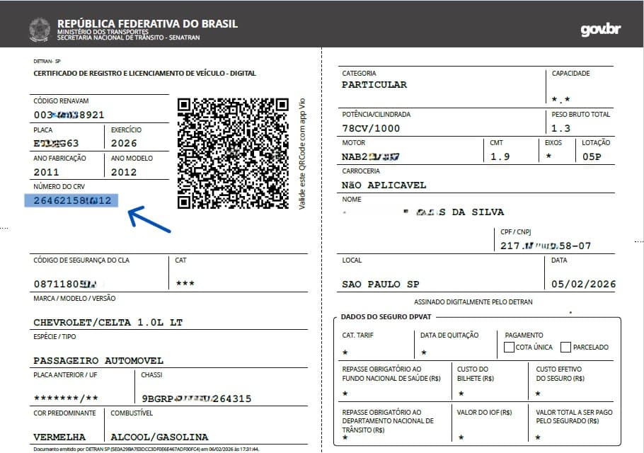Demonstração de consulta do número do CRV no documento veicular